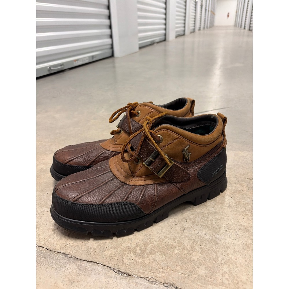 Polo Ralph Lauren Mens Brown Leather Duck Boots Buckle Strap Mid Top Lug Sole